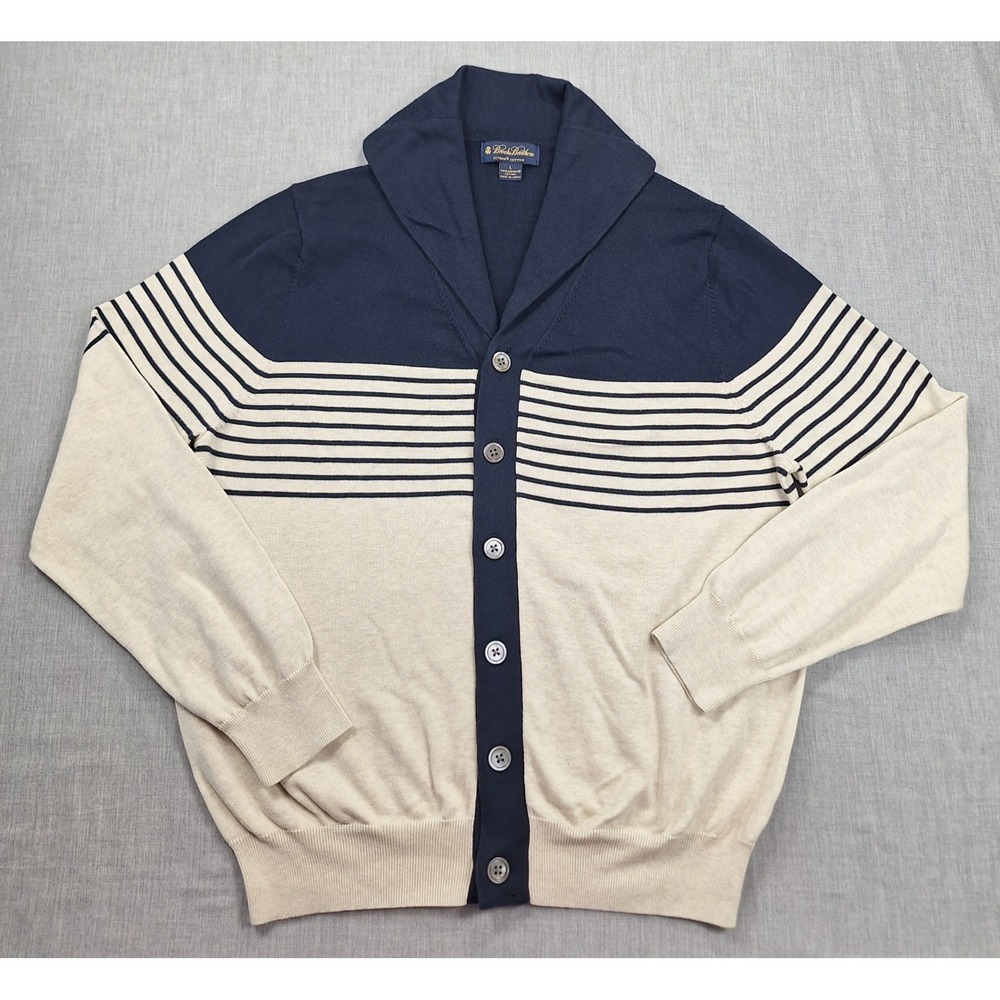 Brooks Brothers Supima Cotton Shawl Collar Cardigan Navy Cream Striped Mens L